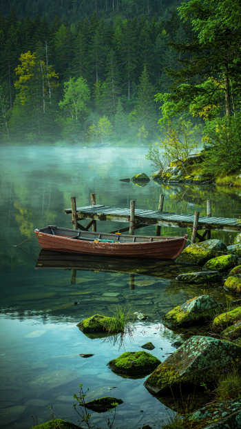 iPhone wallpaper of a secluded fishing spot: a wooden rowboat by a weathered dock on a misty forest lake, moss-covered rocks and evergreens reflected in glassy water.