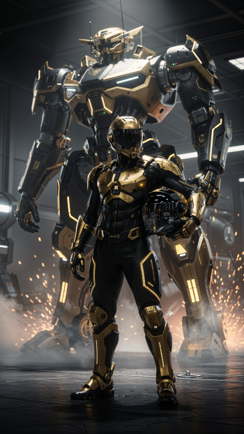 iPhone wallpaper: gold-and-black mech pilot in futuristic armor holding a helmet, standing before a towering matching battle mech in a dim hangar as sparks fly.