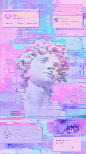 Glitchcore iPhone wallpaper: pastel pink and blue digital glitch collage featuring a classical marble bust, pop-up error windows and Japanese text.