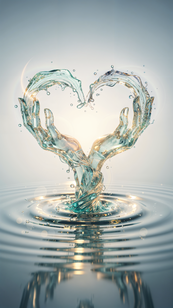 iPhone wallpaper of two water-shaped hands rising from ripples to form a glowing heart, evoking gratitude.