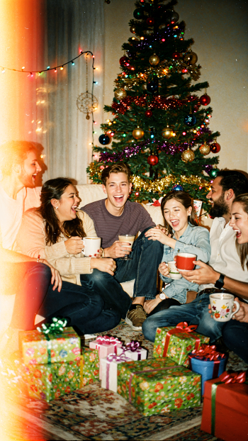Colorful Christmas iPhone wallpaper — friends laughing around a decorated tree, holding mugs among wrapped presents and twinkling lights.