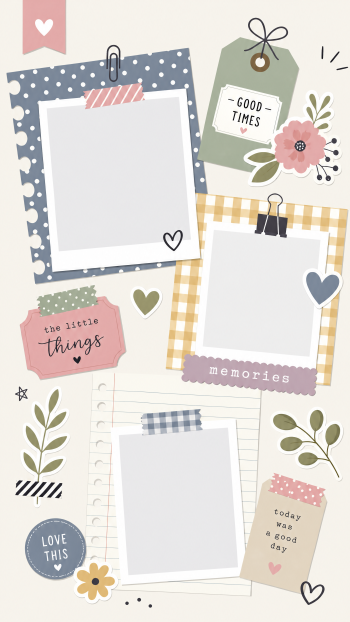 Vertical iPhone wallpaper styled like a scrapbook: three blank polaroid frames, tags labeled good times, memories, the little things, pastel flowers, hearts, washi tape and paperclip accents.