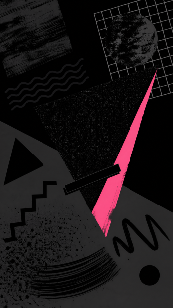 Abstract black iPhone wallpaper with geometric shapes, a textured grid circle, wavy and zigzag marks, and a bold neon-pink diagonal brush stroke.