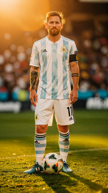 Vertical phone wallpaper: soccer captain in Argentina striped kit with captain's armband, standing over a ball on a sunlit pitch.