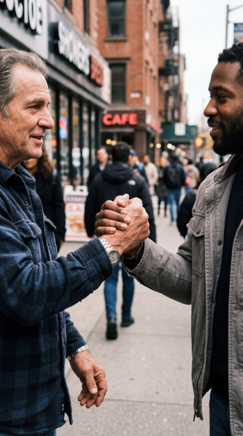 iPhone wallpaper: two men clasp hands in a friendly handshake on a busy city sidewalk, cafes and pedestrians blurred in the background.