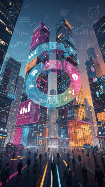 iPhone wallpaper of a neon corporate metropolis: skyscrapers with holographic logos and data ribbons looming over silhouetted crowds, a visual on corporatism.