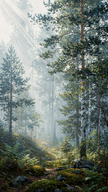 Misty Forest iPhone wallpaper: sunlit pines and birches, mist drifting over a mossy path, rays of light and dappled shadows in a tranquil vertical woodland scene.