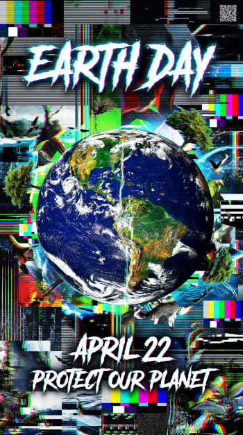 iPhone wallpaper: glitch-style Earth centered beneath bold EARTH DAY headline; April 22 Protect Our Planet below, surrounded by trees, animals and colorful digital noise.