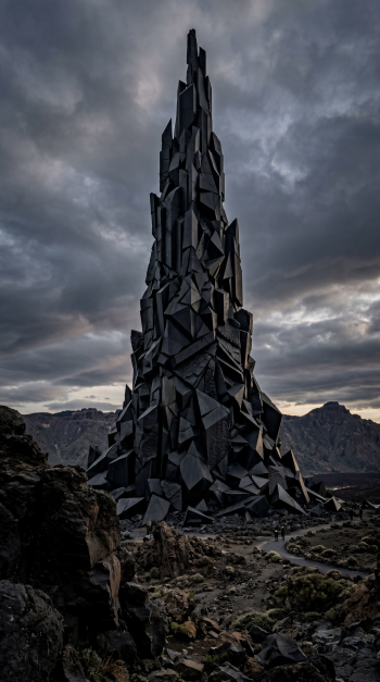 Vertical iPhone wallpaper showing a towering black spire of jagged, geometric rock rising from a barren rocky plain beneath stormy clouds.