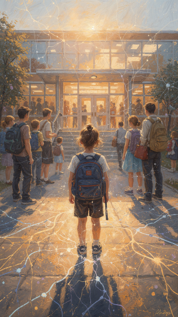 iPhone wallpaper: a child with a backpack stands before a sunlit school entrance on the first day of school, parents and other children gathered in warm morning light.