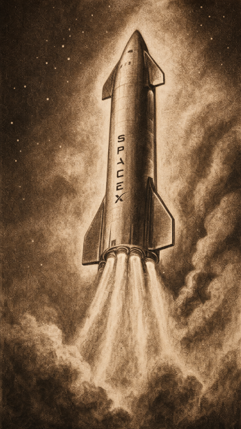 Sepia iPhone wallpaper showing Starship (SpaceX) ascending through clouds and stars, engines blazing in a dramatic upward perspective.