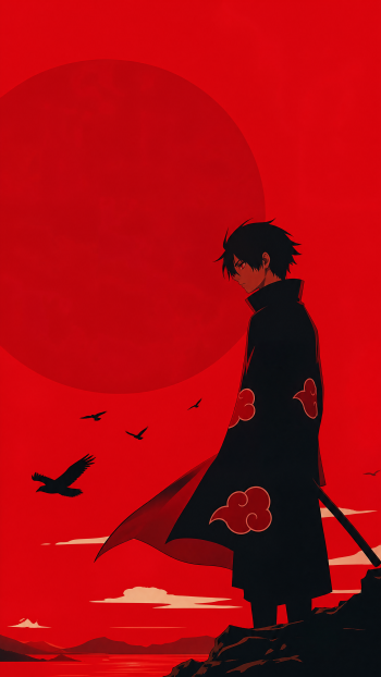 Minimalist anime iPhone wallpaper: dark cloaked figure with red cloud patterns stands on a cliff before a huge red sun, crows flying.