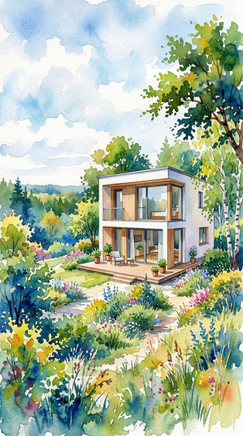 Watercolor minimalist home: modern two-story cube with wooden deck, surrounded by wildflowers, trees and a bright sky — vertical iPhone wallpaper.