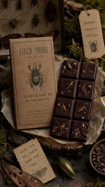 iPhone wallpaper of artisanal Field Found chocolate: 70% dark bar studded with crickets and cacao nibs, rustic packaging and nature-themed tags on a mossy, earthy background.