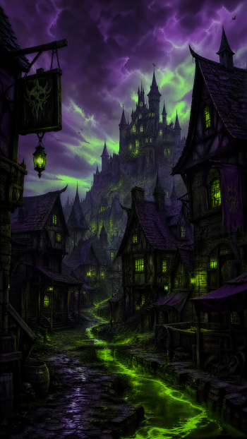 iPhone wallpaper: haunted medieval village street with crooked timber houses, glowing green river and lanterns, winding toward a looming castle beneath a stormy purple sky.