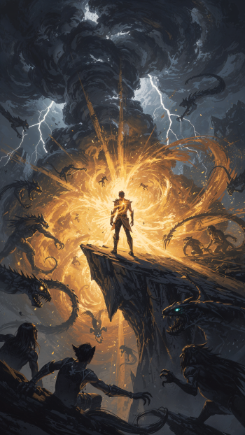 iPhone wallpaper: lone figure on cliff backlit by a fiery portal, lightning and shadowy beasts closing in — a dramatic scene of courage.