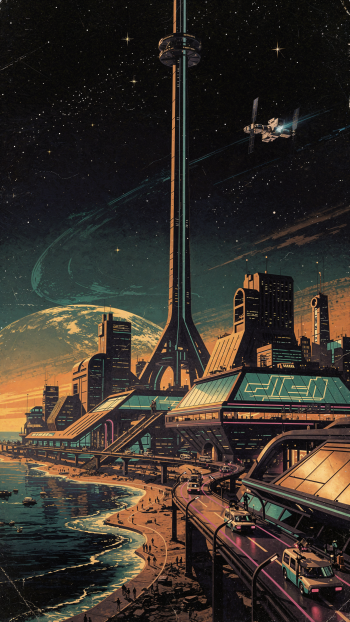 Phone/iPhone wallpaper: a futuristic coastal metropolis at dusk dominated by a towering space elevator reaching into a starry sky, with orbiting ships and neon-lit transit corridors.