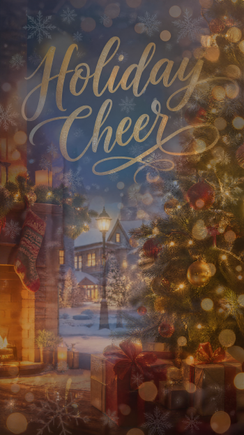 iPhone wallpaper reading 'Holiday Cheer': cozy festive scene with decorated Christmas tree, glowing fireplace, snowy village in background, wrapped gifts and warm golden bokeh.