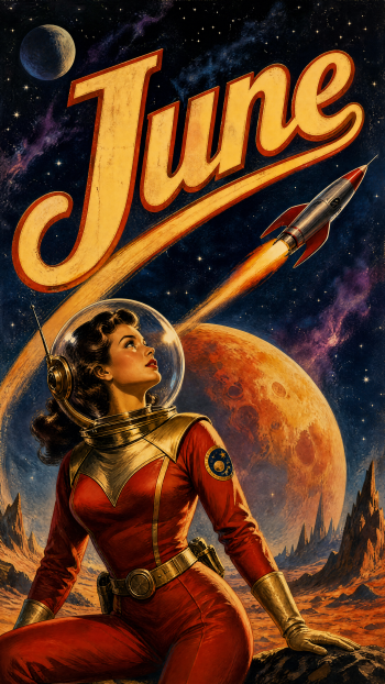 iPhone wallpaper: retro sci‑fi scene with bold June script, a rocket streaking into space, and a vintage woman astronaut gazing at an orange planet.