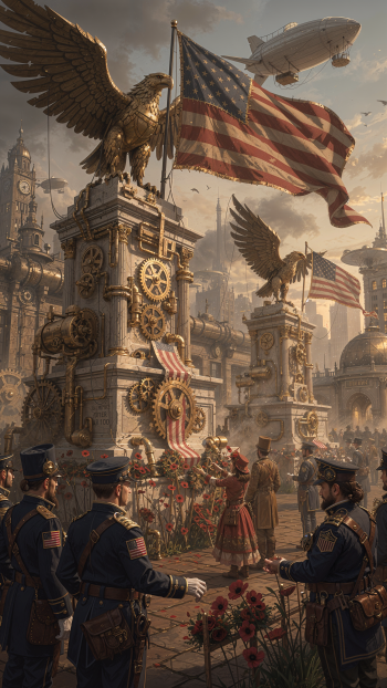 Memorial Day iPhone wallpaper: steampunk memorial plaza with waving American flags, bronze eagles atop clockwork pillars, soldiers in vintage uniforms, poppies and an airship overhead.