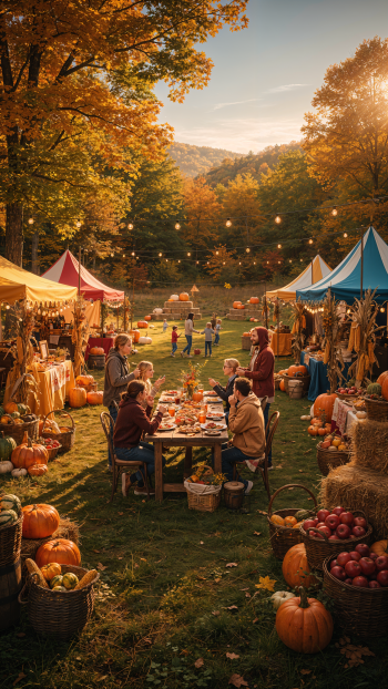 Vertical iPhone wallpaper: golden harvest festival with a long communal table, pumpkins, market tents and string lights; families dining and children playing beneath autumn trees.