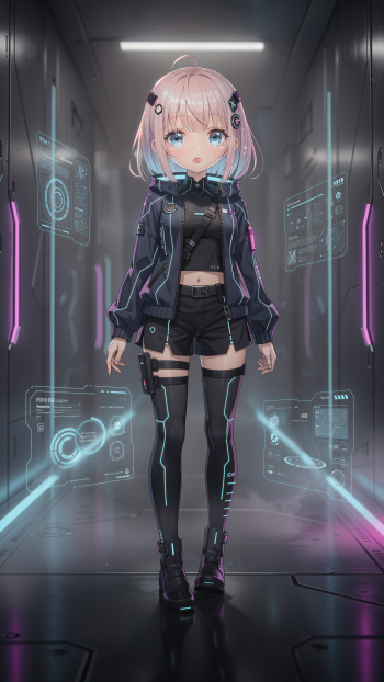 Kawaii anime girl with pastel pink hair and cyberpunk outfit standing in a neon-lit corridor with holographic HUD elements—vertical phone/iPhone wallpaper composition.
