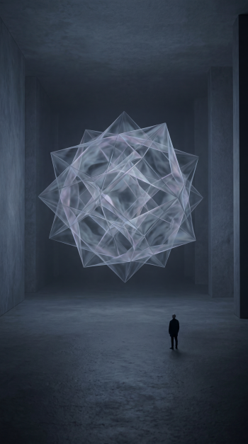 Soulless iPhone wallpaper: a lone figure in a vast dim chamber gazes at a floating translucent geometric polyhedron.