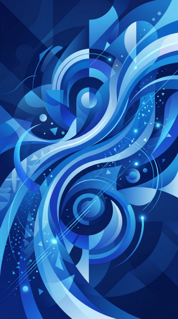 Abstract blue iPhone wallpaper: flowing waves, concentric circles and geometric shapes in layered shades of blue with sparkling dots and streaks.