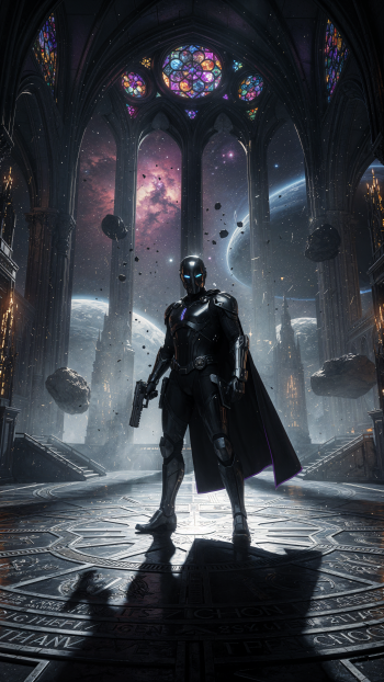 iPhone wallpaper: a secret agent in black armor and cape, armed, standing in a cathedral-like hall with stained glass windows and a cosmic backdrop of planets and floating asteroids.