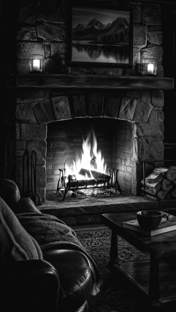 Vertical iPhone wallpaper: cozy stone fireplace with glowing fire, candles on the mantel, framed mountain art, armchair and a coffee cup.