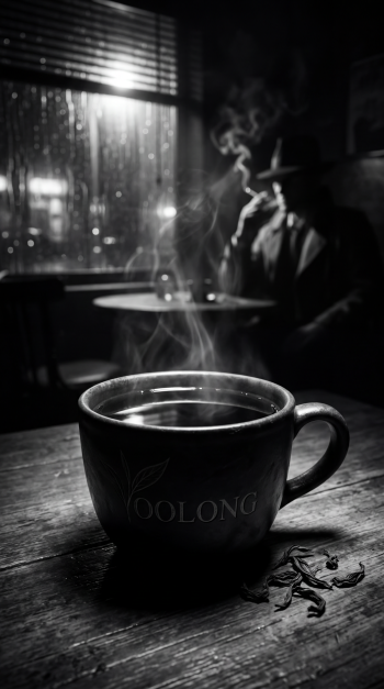 Moody black-and-white iPhone wallpaper: steaming cup labeled Oolong on a wooden table with tea leaves, blurred figure smoking by a rain-streaked window in the background.