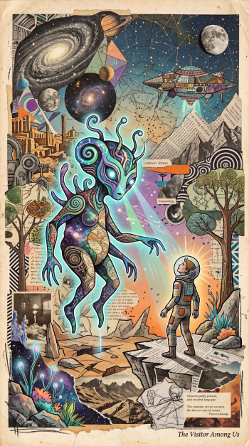 iPhone wallpaper: surreal alien encounter — glowing multi‑tentacled being hovers before an astronaut amid planets, a UFO, galaxies and collage-style cosmic landscape.