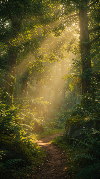 Vertical iPhone wallpaper of a sunlit forest path through lush greenery, towering trees and ferns with golden rays filtering through the canopy.
