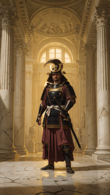 Samurai in ornate armor and kabuto stands with sword in a sunlit marble hall — vertical iPhone wallpaper.