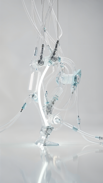 Clean iPhone wallpaper showing translucent tubes and glass-like mechanical components with a glowing white neon arc on a pale gray background.
