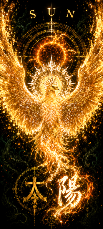 AMOLED fan art AI Art phone/iPhone wallpaper: a radiant golden phoenix rising from a fiery sun, framed by ornate celestial sigils and glowing kanji on a deep black background.