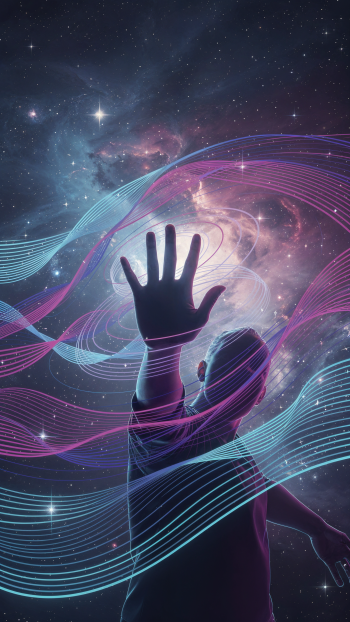 Silhouetted figure waving toward a glowing nebula as flowing neon ribbons sweep across the scene, vertical phone/iPhone wallpaper.