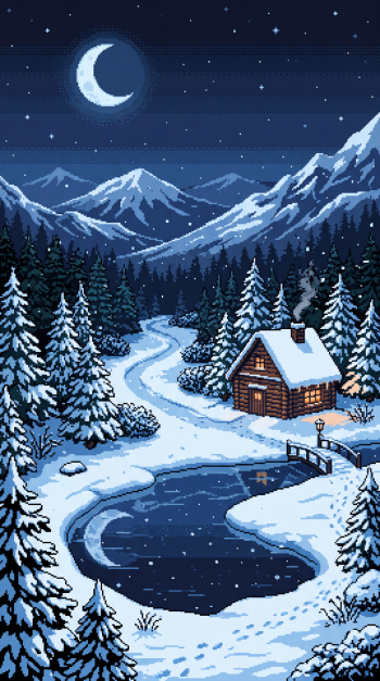 Phone wallpaper Winter Serenity: pixel-art moonlit snowy cabin by a winding river, surrounded by pine trees and mountains under a starry sky.