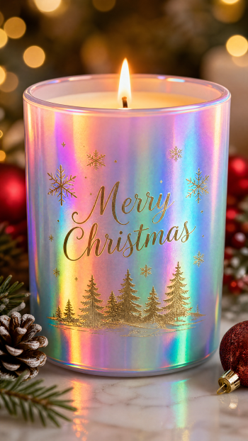 iPhone wallpaper of a lit iridescent candle reading Merry Christmas with gold trees, snowflakes, pinecones and ornaments against soft bokeh holiday lights.