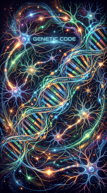 Vibrant phone wallpaper showing a glowing DNA double helix entwined with branching neurons and cosmic lights, labeled GENETIC CODE.