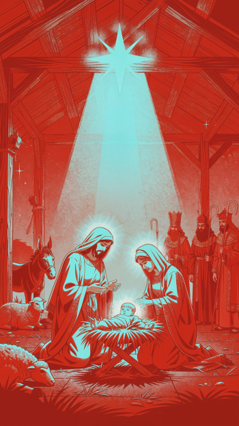 Vertical iPhone wallpaper of a nativity scene: Mary and Joseph kneel beside the newborn in a manger, a bright star beams down as shepherds, wise men and animals watch in the stable.