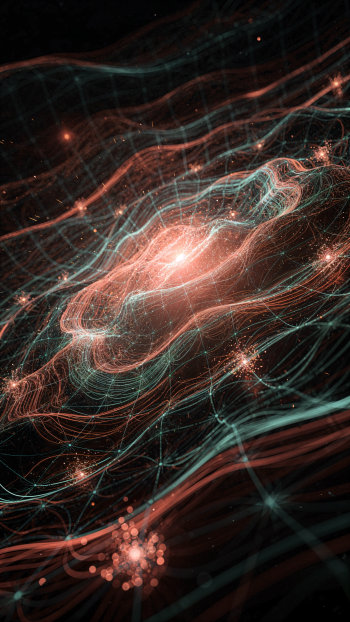 Phone wallpaper of a glowing quantum field: swirling luminous filaments and particle-like sparks on a dark background.