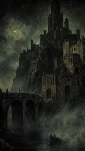 Dark fortress rising on a craggy cliff under a crescent moon, fog-shrouded arches and a lone boat; moody phone wallpaper in vertical iPhone format.
