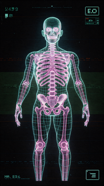Neon X-ray-style full human skeleton in pink and teal on black, with digital HUD overlays and grid lines; vertical composition as a phone/iPhone wallpaper.