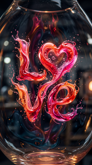 Phone wallpaper showing glowing liquid letters forming LOVE in pink-orange hues inside a glass vessel, heart-shaped O with bubbles and glossy reflections.