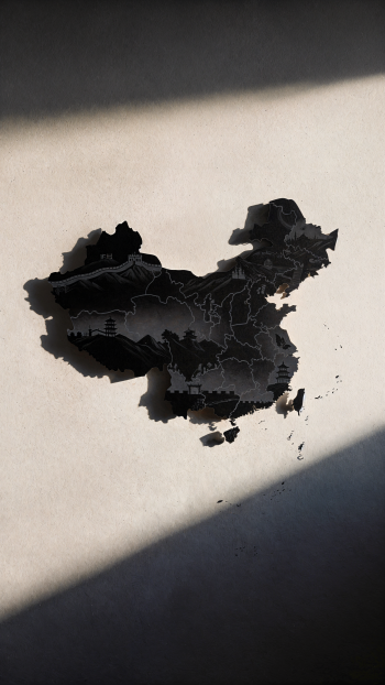 iPhone wallpaper of a black silhouette map of China with province borders and subtle mountain and temple motifs, cast in diagonal sunlight on a pale background.