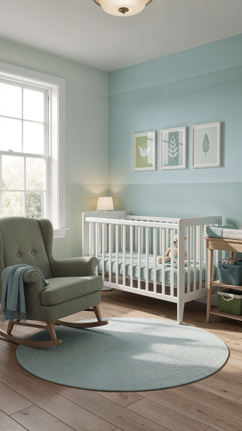 iPhone wallpaper: serene pastel nursery with a white crib, mint rocking chair, round rug, framed botanical prints and a sunlit window.