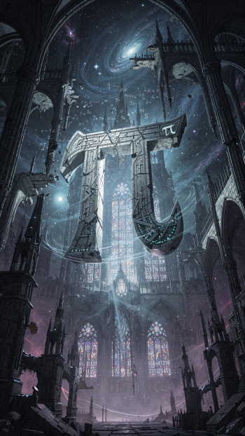 iPhone wallpaper: vast cathedral interior beneath a spiral galaxy, a monumental floating metallic π symbol surrounded by glowing equations and stained-glass light.