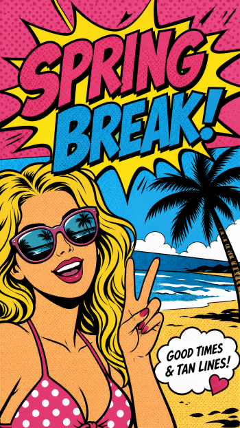 Vibrant pop‑art iPhone wallpaper of a blonde woman in sunglasses flashing a peace sign on a sunny beach with palm trees and bold SPRING BREAK! lettering.