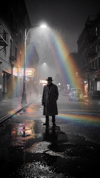 Noir iPhone wallpaper: lone trench‑coated figure in a fedora stands on a rain‑slick city street lit by neon and a vivid rainbow cutting through the mist.